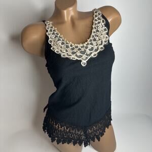 Black Boho Lace Trim Tank Top Gold Embroidered Beaded Y2K Cottagecore XS